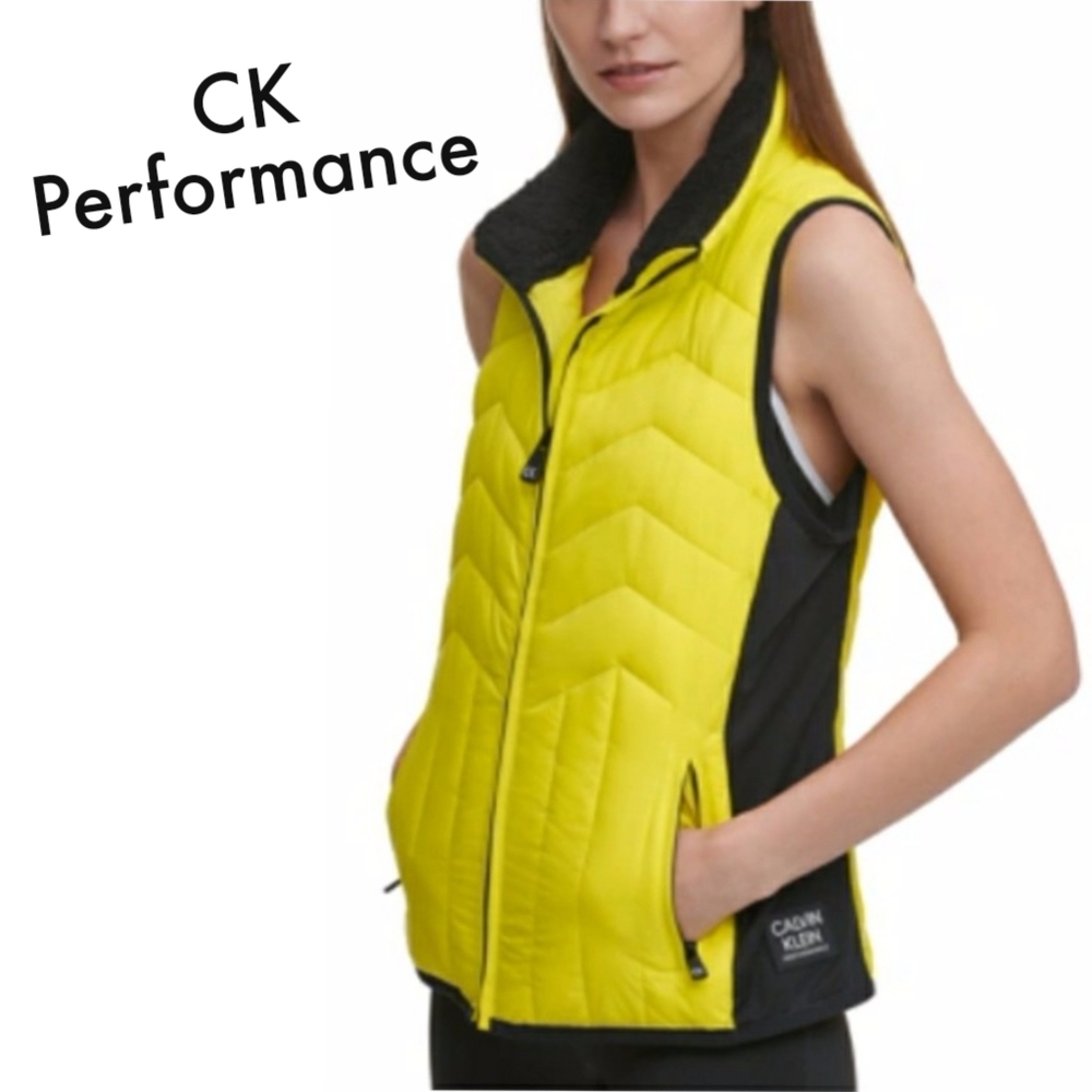 Calvin Klein Performance Neon Yellow & Blk Fleece Lined Mock Neck Puffer Vest XS